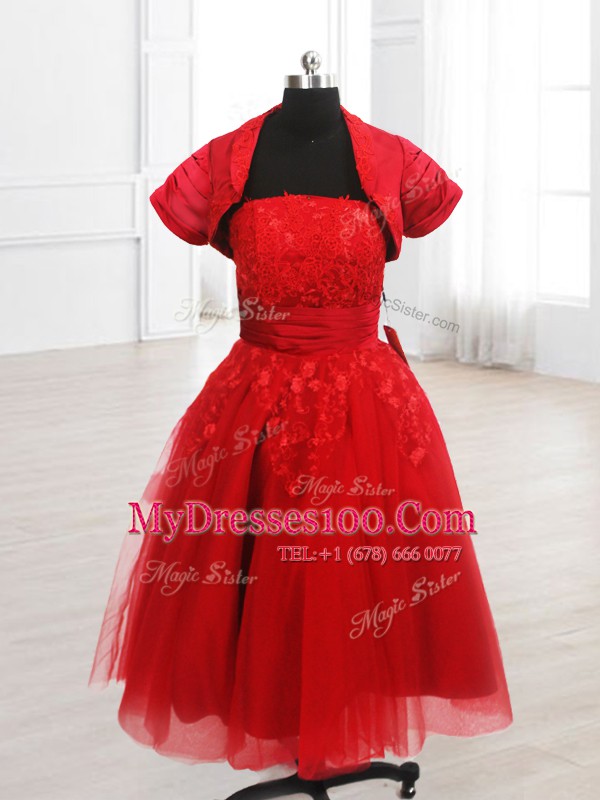 Sophisticated Red Cocktail Dresses Prom and Party and For with Embroidery Strapless Short Sleeves Lace Up