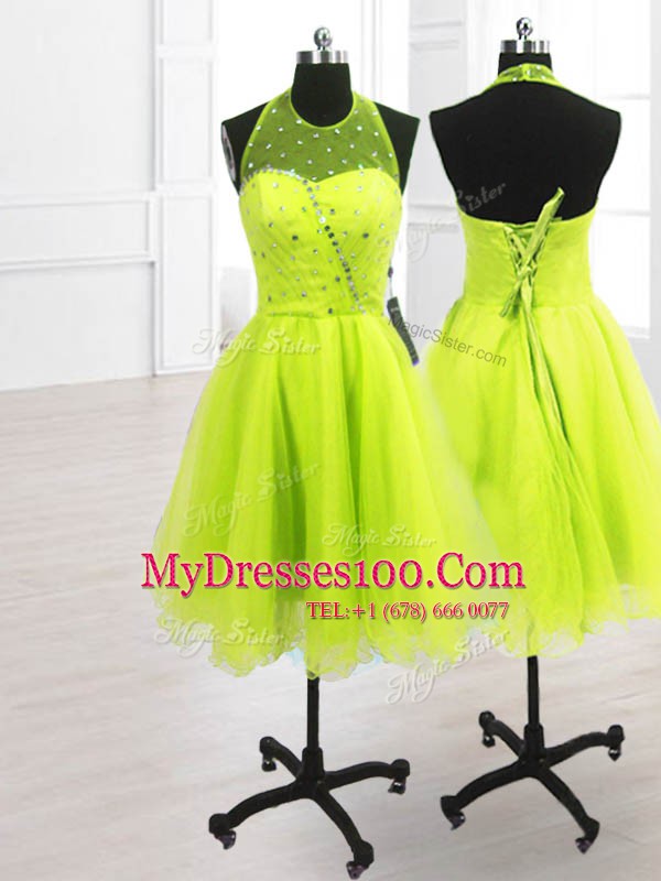 Attractive Knee Length Lace Up Club Wear Yellow Green for Prom and Party with Sequins