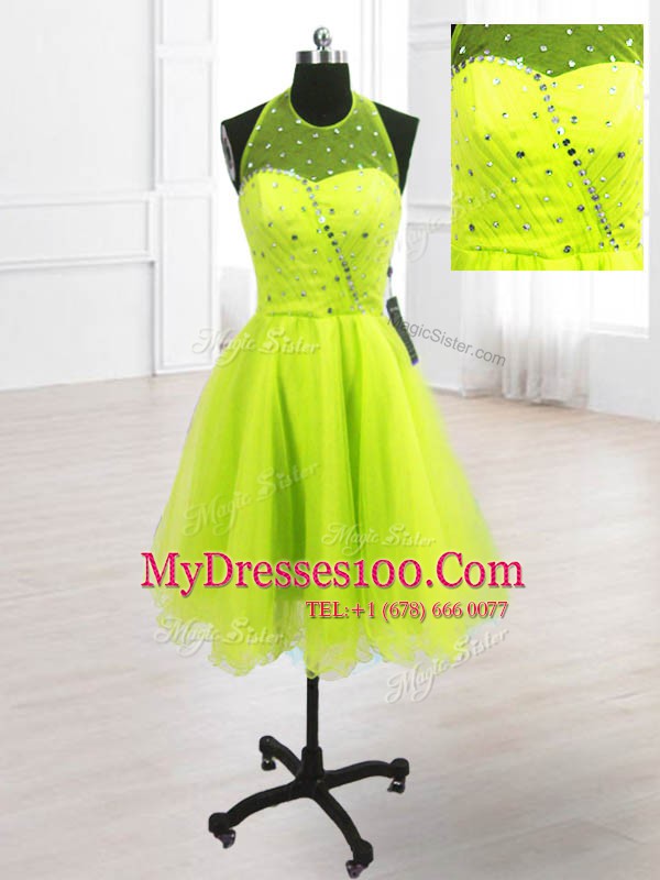 Discount Organza High-neck Sleeveless Lace Up Sequins Party Dress for Toddlers in Yellow Green