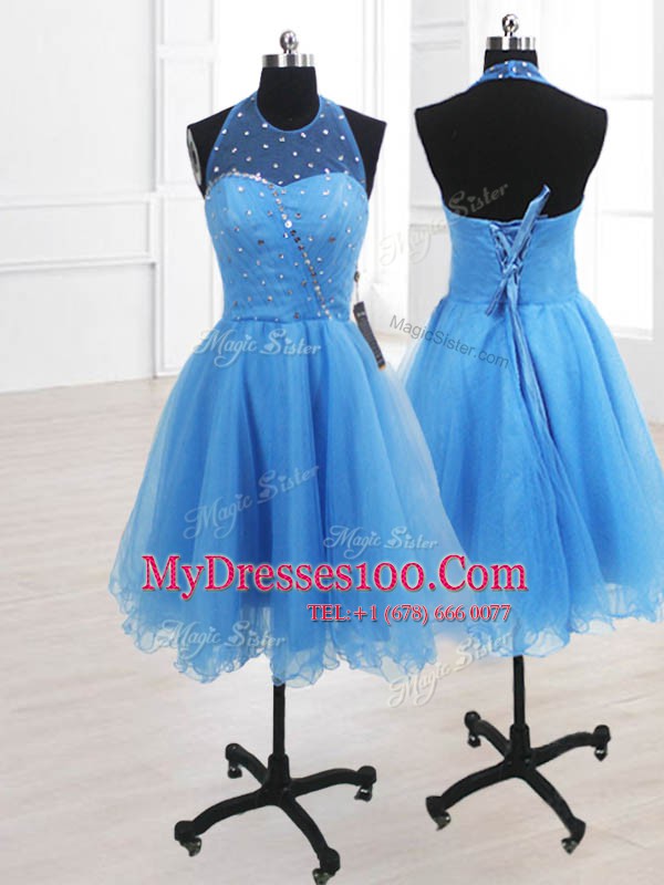 Edgy Organza High-neck Sleeveless Lace Up Sequins Party Dress for Girls in Baby Blue