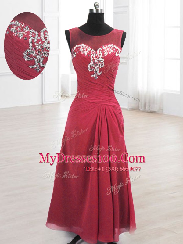 Sophisticated Wine Red Scoop Lace Up Beading and Ruching Dress for Prom Sleeveless