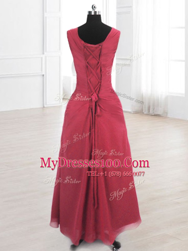 Sophisticated Wine Red Scoop Lace Up Beading and Ruching Dress for Prom Sleeveless