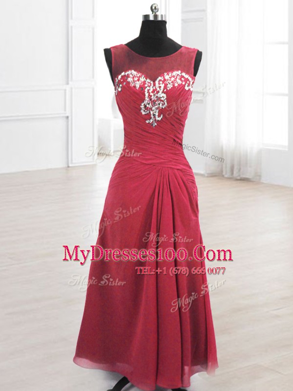 Sophisticated Wine Red Scoop Lace Up Beading and Ruching Dress for Prom Sleeveless