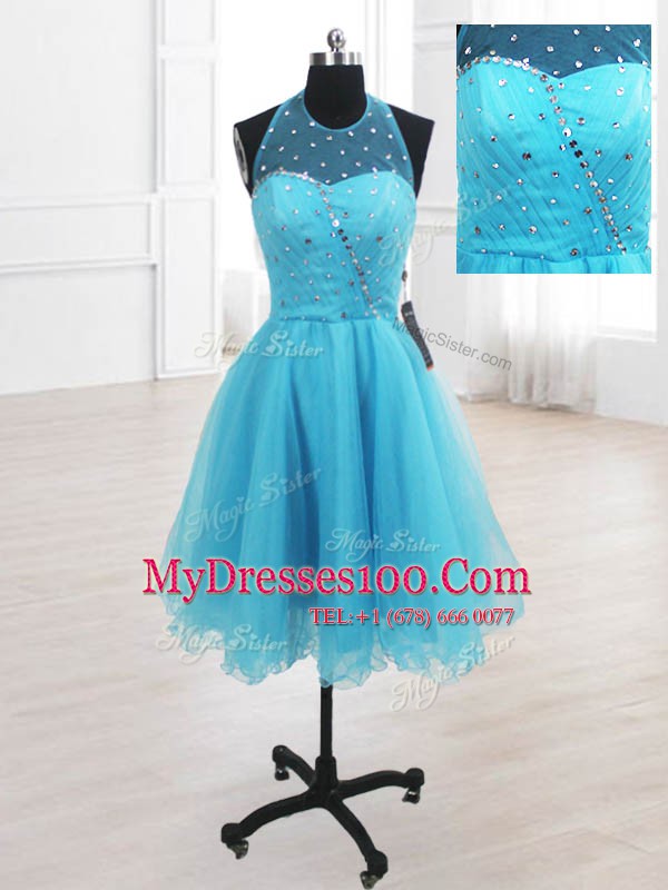 Sequins Knee Length Baby Blue Cocktail Dresses High-neck Sleeveless Lace Up