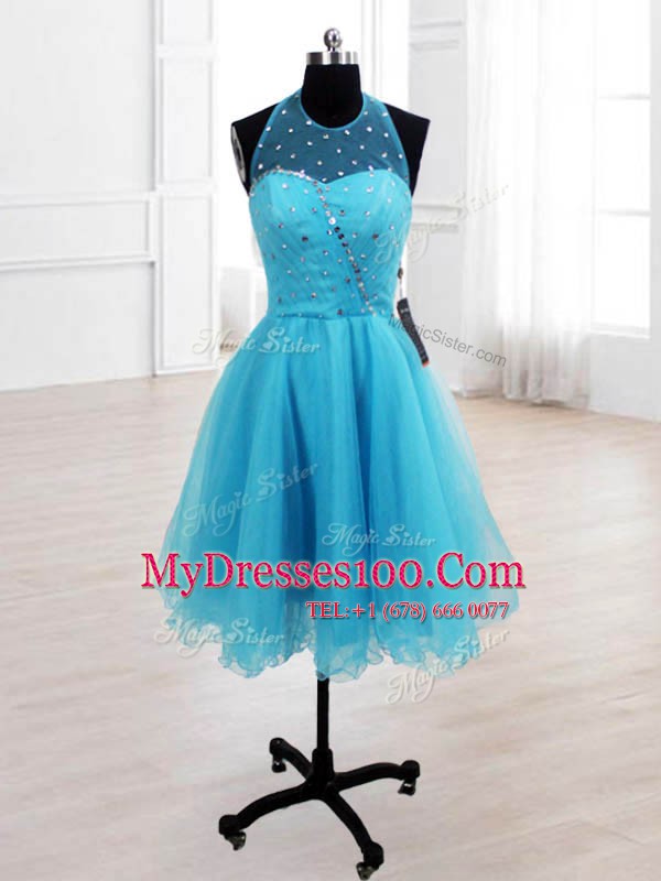 Sequins Knee Length Baby Blue Cocktail Dresses High-neck Sleeveless Lace Up