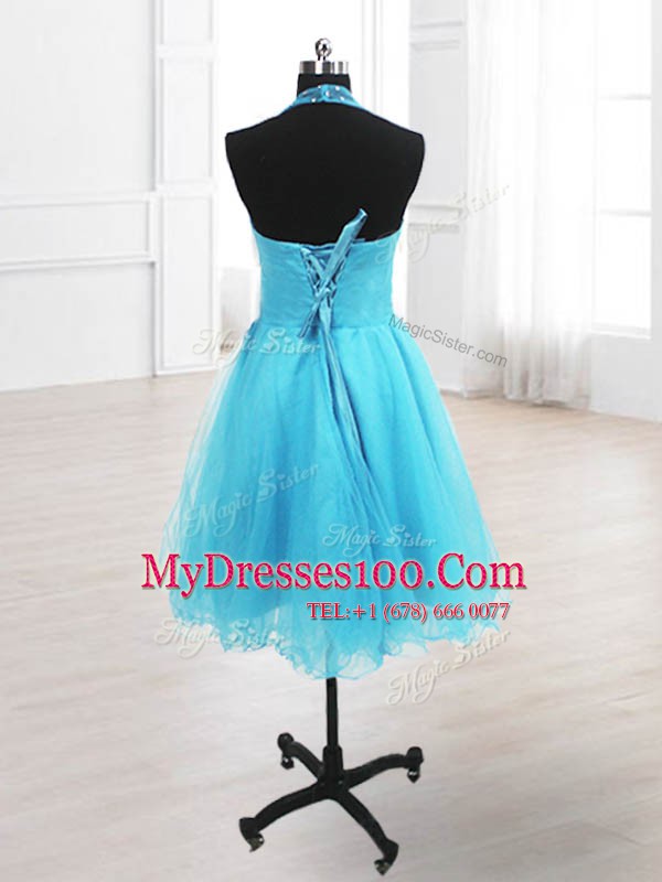 Sequins Knee Length Baby Blue Cocktail Dresses High-neck Sleeveless Lace Up