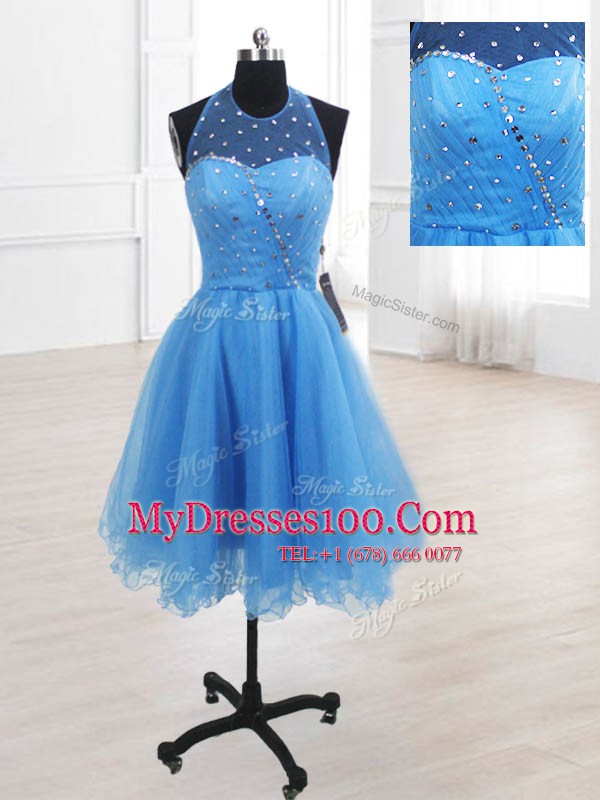 Beautiful Baby Blue High-neck Lace Up Sequins Custom Made Sleeveless
