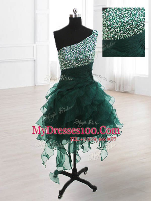 New Arrival Peacock Green One Shoulder Lace Up Beading and Ruffles Club Wear Sleeveless