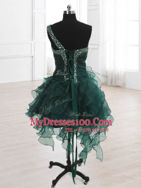New Arrival Peacock Green One Shoulder Lace Up Beading and Ruffles Club Wear Sleeveless