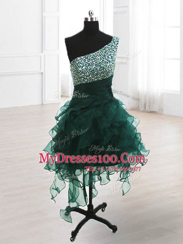 New Arrival Peacock Green One Shoulder Lace Up Beading and Ruffles Club Wear Sleeveless