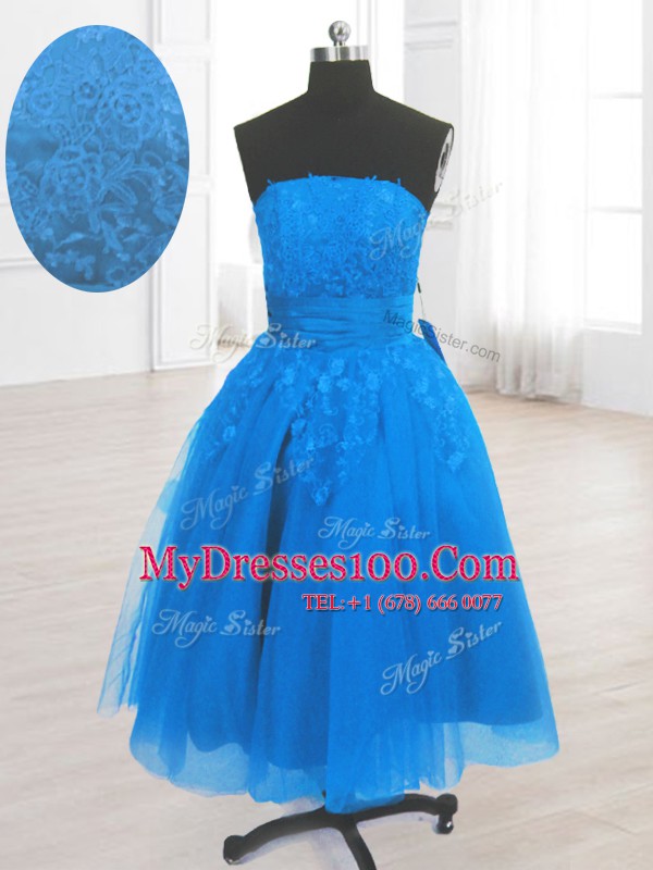 Super Strapless Sleeveless Club Wear Knee Length Embroidery Blue Organza