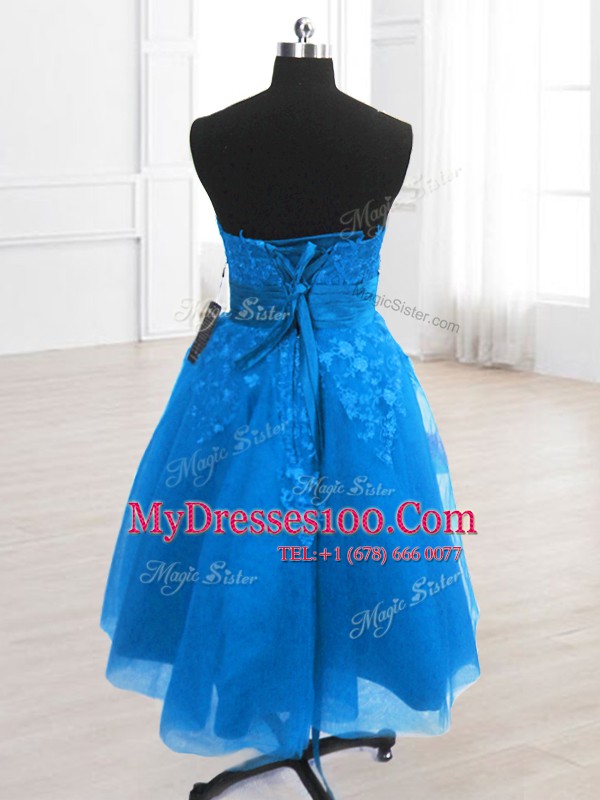 Super Strapless Sleeveless Club Wear Knee Length Embroidery Blue Organza