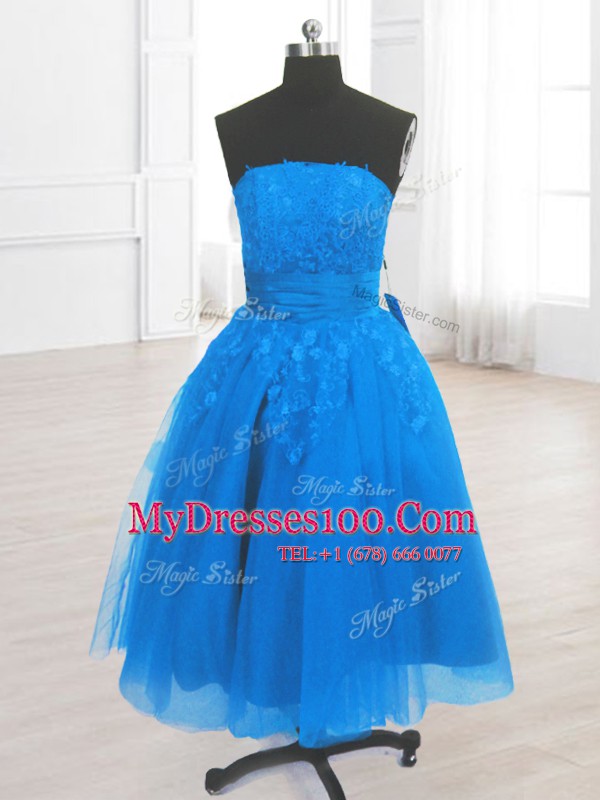 Super Strapless Sleeveless Club Wear Knee Length Embroidery Blue Organza