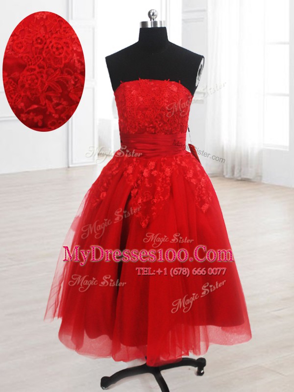 Fabulous Red Sleeveless Embroidery Knee Length Party Dresses