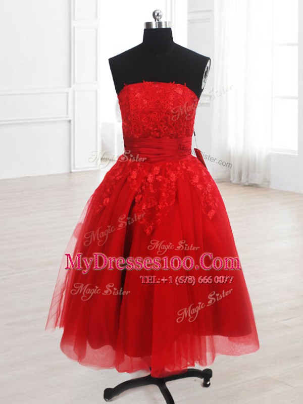 Fabulous Red Sleeveless Embroidery Knee Length Party Dresses