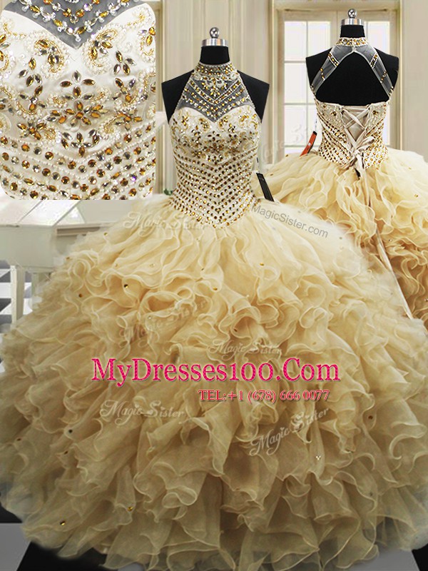 Sleeveless With Train Beading and Ruffles Lace Up Ball Gown Prom Dress with Champagne Sweep Train
