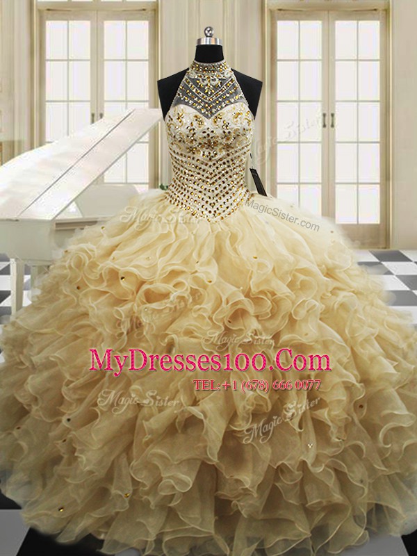 Sleeveless With Train Beading and Ruffles Lace Up Ball Gown Prom Dress with Champagne Sweep Train