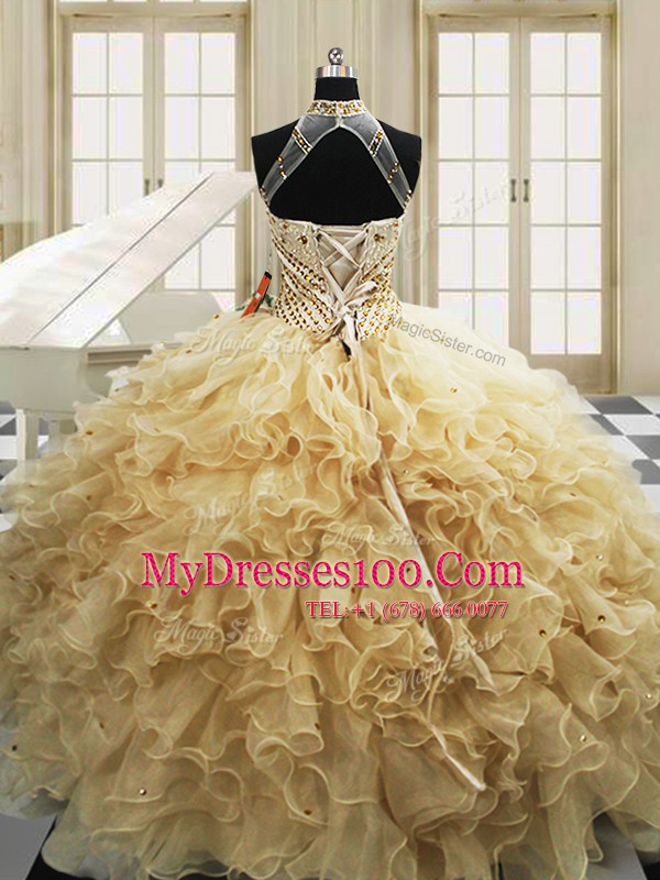 Sleeveless With Train Beading and Ruffles Lace Up Ball Gown Prom Dress with Champagne Sweep Train