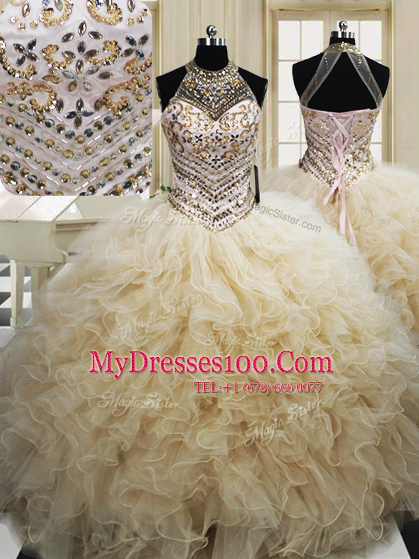 Champagne Halter Top Neckline Beading and Ruffles Quinceanera Dress Sleeveless Lace Up
