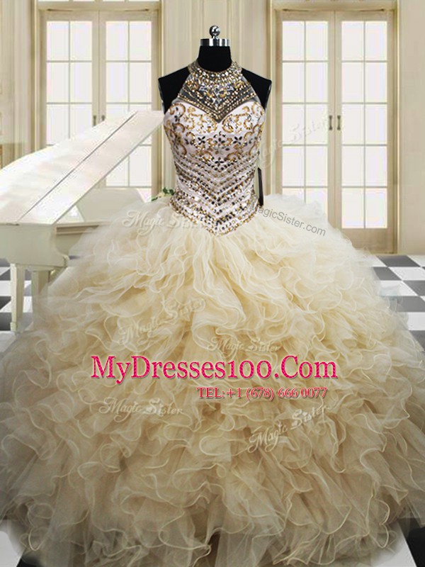 Champagne Halter Top Neckline Beading and Ruffles Quinceanera Dress Sleeveless Lace Up