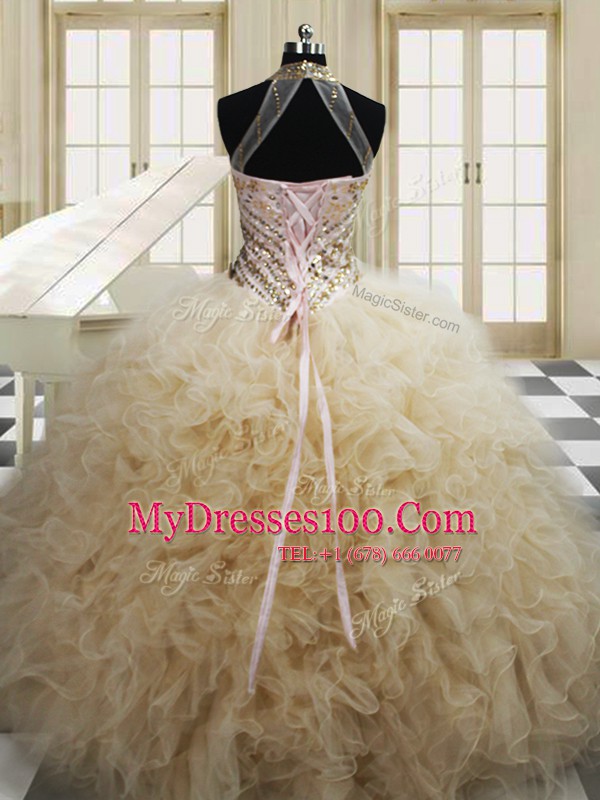 Champagne Halter Top Neckline Beading and Ruffles Quinceanera Dress Sleeveless Lace Up