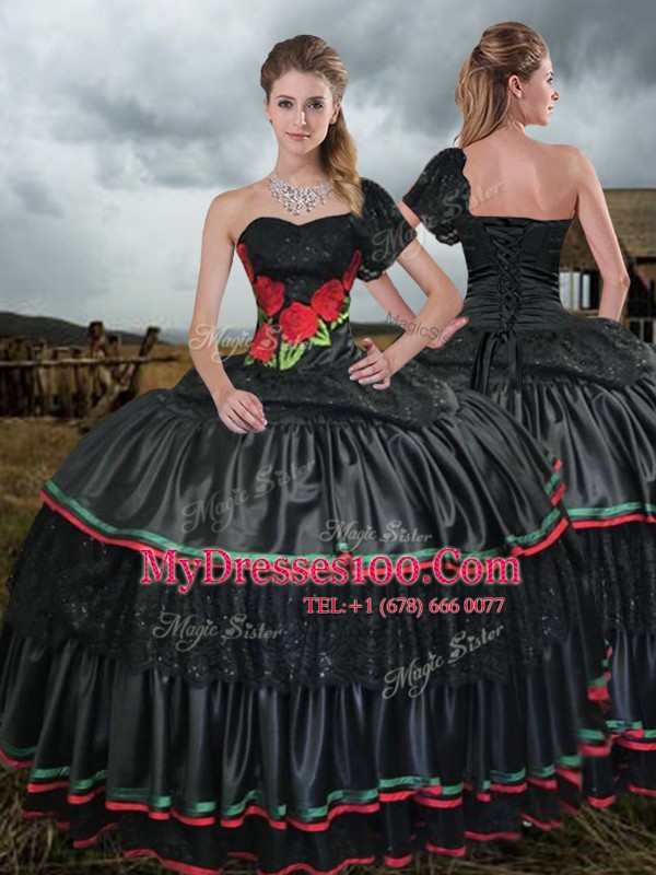 Eye-catching One Shoulder Black Ball Gowns Embroidery Quinceanera Gowns Lace Up Taffeta Sleeveless With Train