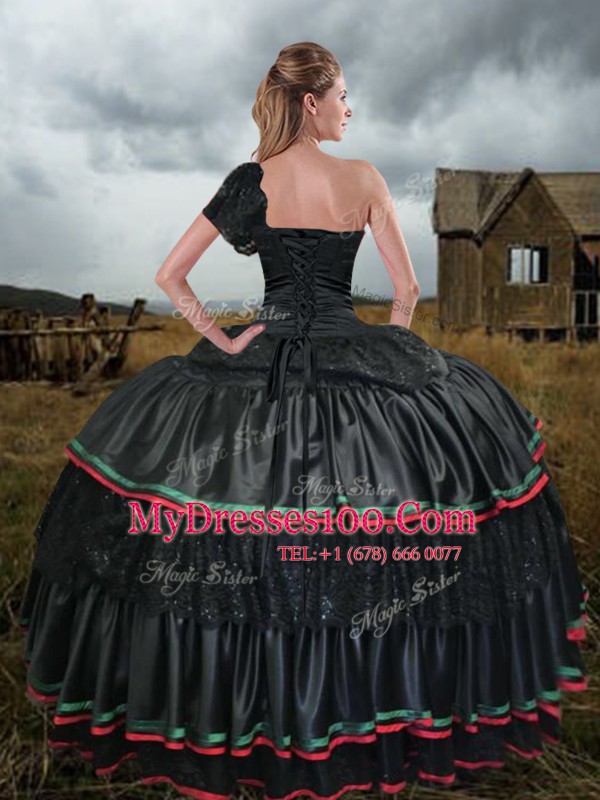 Eye-catching One Shoulder Black Ball Gowns Embroidery Quinceanera Gowns Lace Up Taffeta Sleeveless With Train