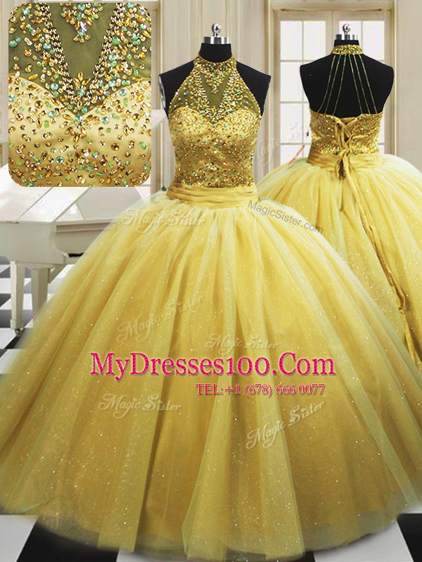 Beading 15 Quinceanera Dress Yellow Lace Up Sleeveless With Train Sweep Train