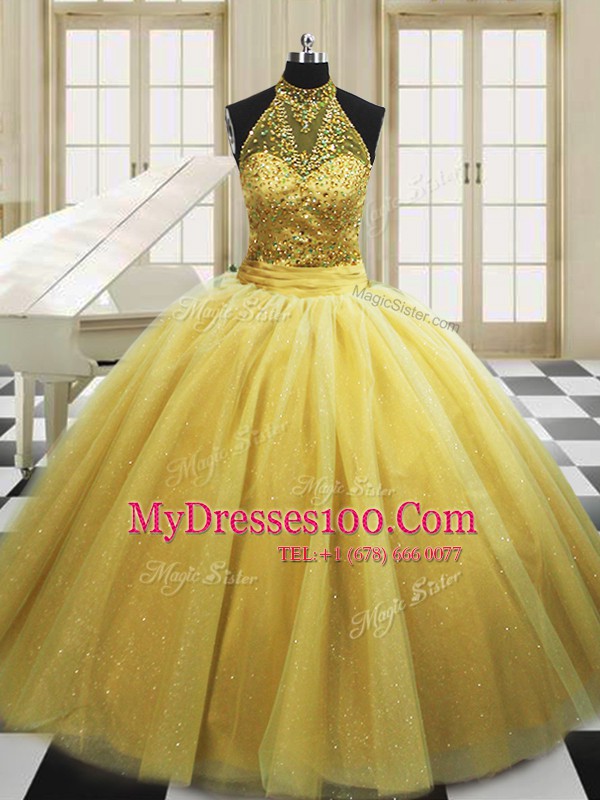 Beading 15 Quinceanera Dress Yellow Lace Up Sleeveless With Train Sweep Train