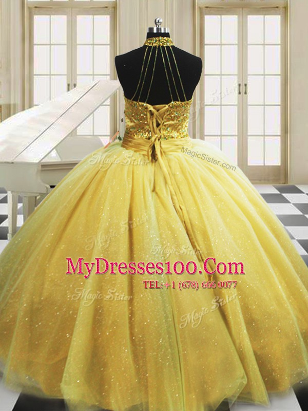 Beading 15 Quinceanera Dress Yellow Lace Up Sleeveless With Train Sweep Train
