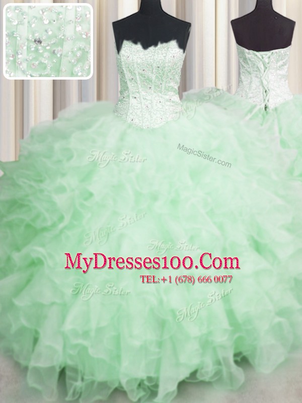 Pretty Visible Boning Apple Green Scalloped Neckline Beading and Ruffles Sweet 16 Dresses Sleeveless Lace Up