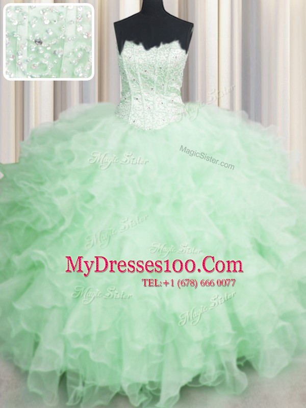 Pretty Visible Boning Apple Green Scalloped Neckline Beading and Ruffles Sweet 16 Dresses Sleeveless Lace Up