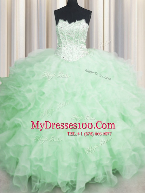 Pretty Visible Boning Apple Green Scalloped Neckline Beading and Ruffles Sweet 16 Dresses Sleeveless Lace Up