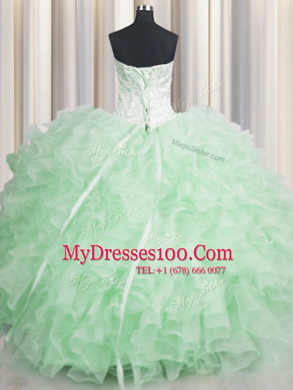 Pretty Visible Boning Apple Green Scalloped Neckline Beading and Ruffles Sweet 16 Dresses Sleeveless Lace Up