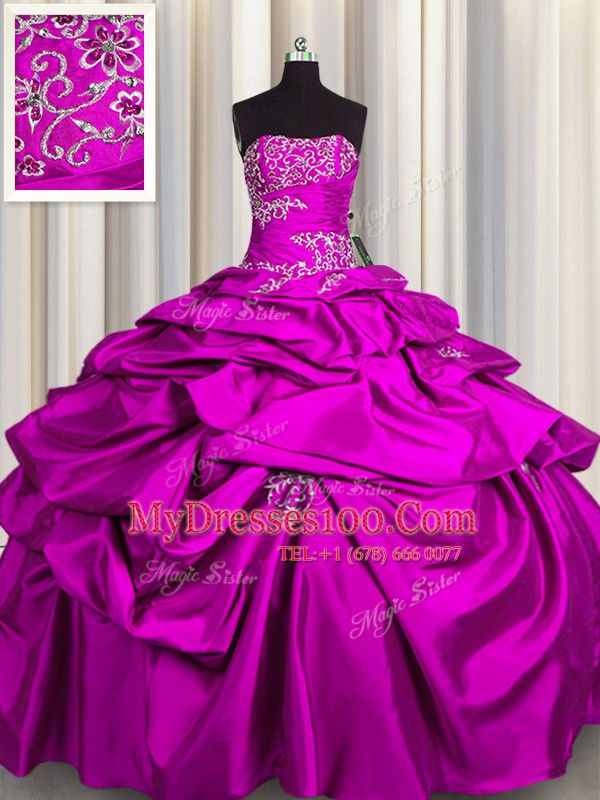 Customized Strapless Sleeveless Taffeta Quinceanera Gowns Appliques and Pick Ups Lace Up