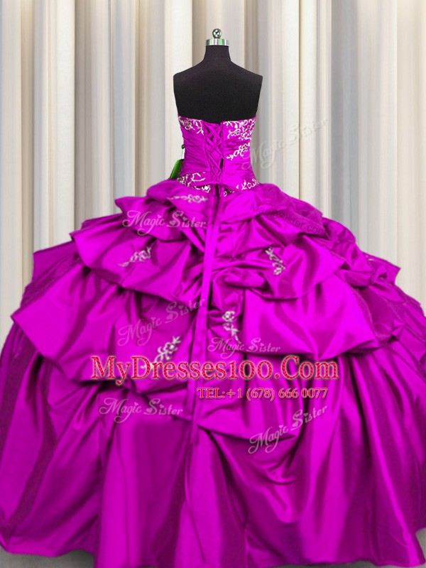 Customized Strapless Sleeveless Taffeta Quinceanera Gowns Appliques and Pick Ups Lace Up