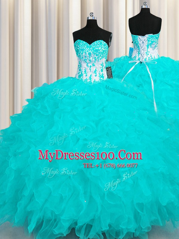 Aqua Blue Quinceanera Dress Military Ball and Sweet 16 and Quinceanera and For with Appliques and Ruffles Sweetheart Sleeveless Lace Up