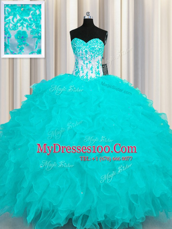 Aqua Blue Quinceanera Dress Military Ball and Sweet 16 and Quinceanera and For with Appliques and Ruffles Sweetheart Sleeveless Lace Up