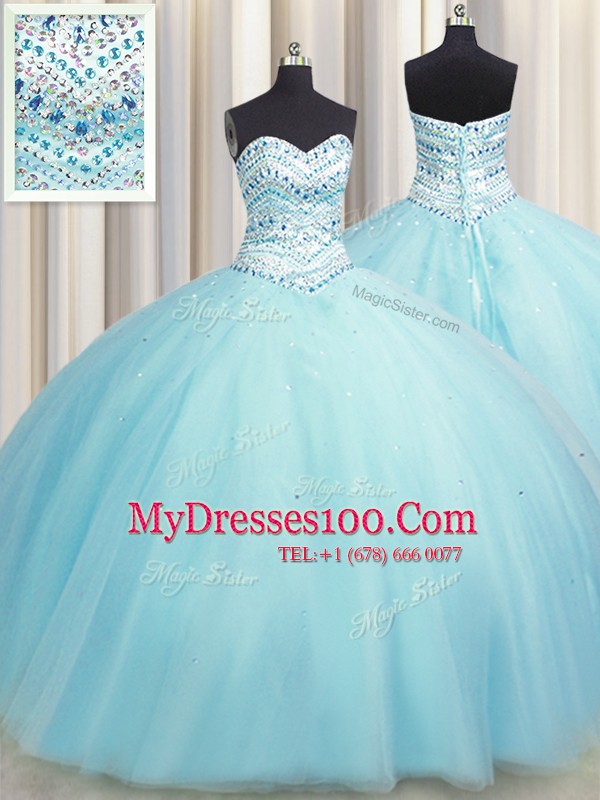 Bling-bling Big Puffy Sweetheart Sleeveless Lace Up Sweet 16 Dress Aqua Blue Tulle