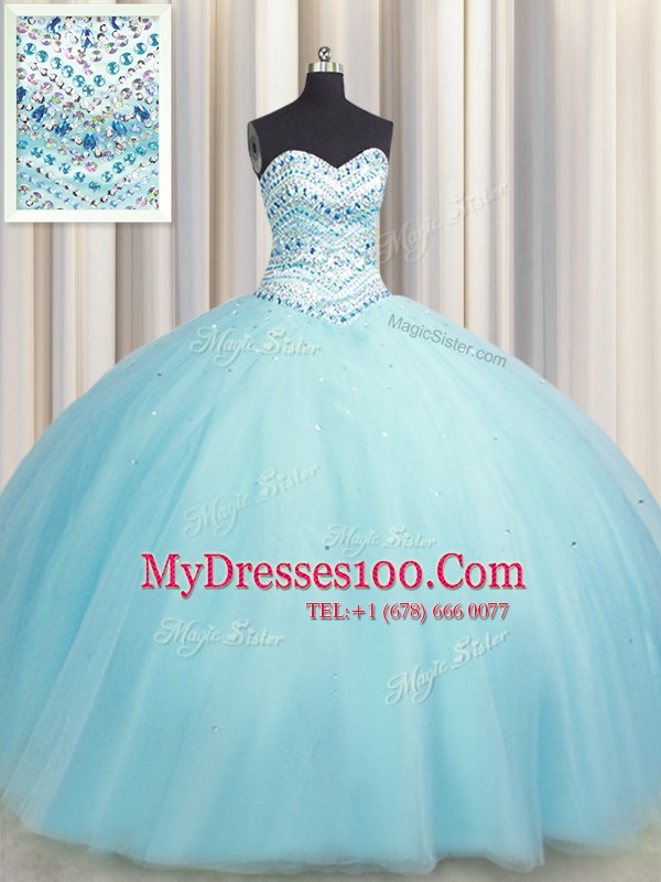 Bling-bling Big Puffy Sweetheart Sleeveless Lace Up Sweet 16 Dress Aqua Blue Tulle