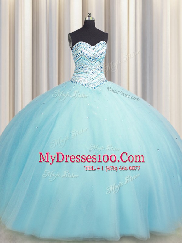 Bling-bling Big Puffy Sweetheart Sleeveless Lace Up Sweet 16 Dress Aqua Blue Tulle