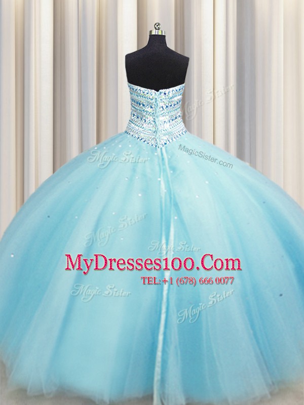 Bling-bling Big Puffy Sweetheart Sleeveless Lace Up Sweet 16 Dress Aqua Blue Tulle