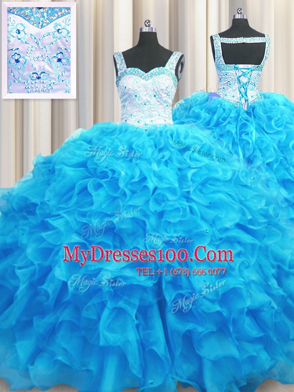 Latest Aqua Blue Organza Lace Up Vestidos de Quinceanera Sleeveless Floor Length Beading and Ruffles