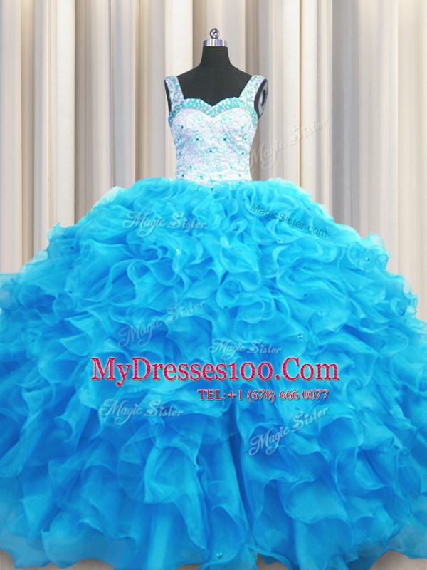 Latest Aqua Blue Organza Lace Up Vestidos de Quinceanera Sleeveless Floor Length Beading and Ruffles