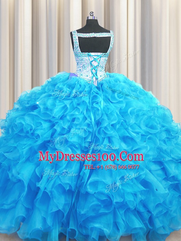 Latest Aqua Blue Organza Lace Up Vestidos de Quinceanera Sleeveless Floor Length Beading and Ruffles