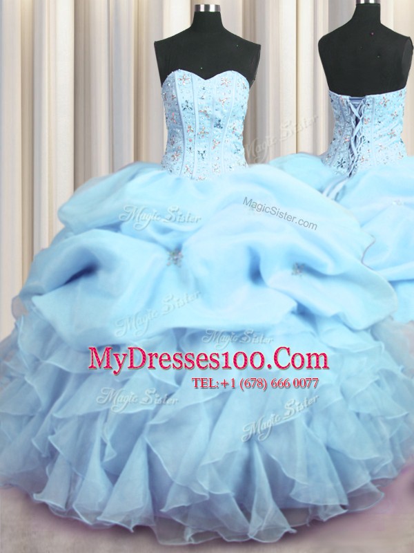 Stylish Visible Boning Floor Length Lace Up Sweet 16 Quinceanera Dress Baby Blue for Military Ball and Sweet 16 and Quinceanera with Beading and Ruffles and Pick Ups