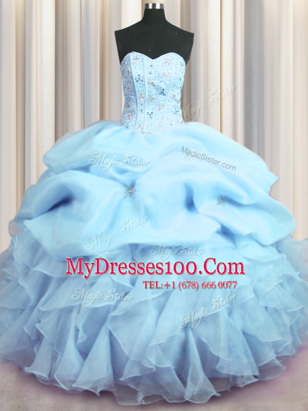 Stylish Visible Boning Floor Length Lace Up Sweet 16 Quinceanera Dress Baby Blue for Military Ball and Sweet 16 and Quinceanera with Beading and Ruffles and Pick Ups