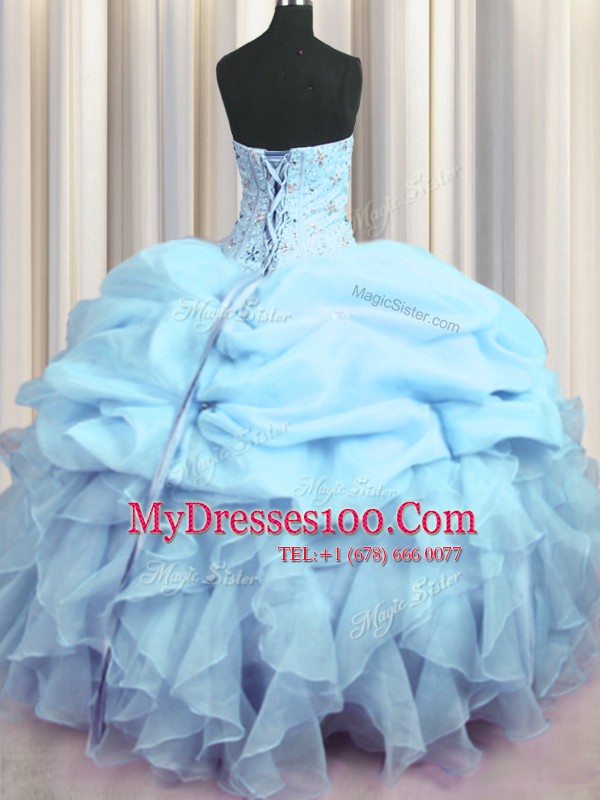 Stylish Visible Boning Floor Length Lace Up Sweet 16 Quinceanera Dress Baby Blue for Military Ball and Sweet 16 and Quinceanera with Beading and Ruffles and Pick Ups