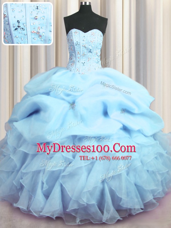 Stylish Visible Boning Floor Length Lace Up Sweet 16 Quinceanera Dress Baby Blue for Military Ball and Sweet 16 and Quinceanera with Beading and Ruffles and Pick Ups