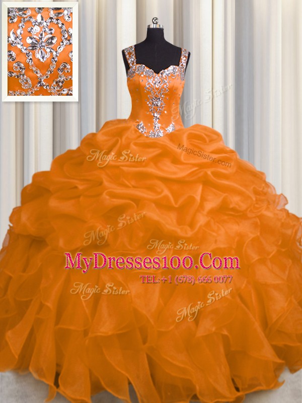 See Through Zipper Up Organza Straps Sleeveless Zipper Appliques and Ruffles Vestidos de Quinceanera in Orange